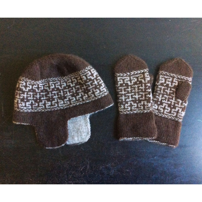 hat and mittens set in brown and gray yak wool