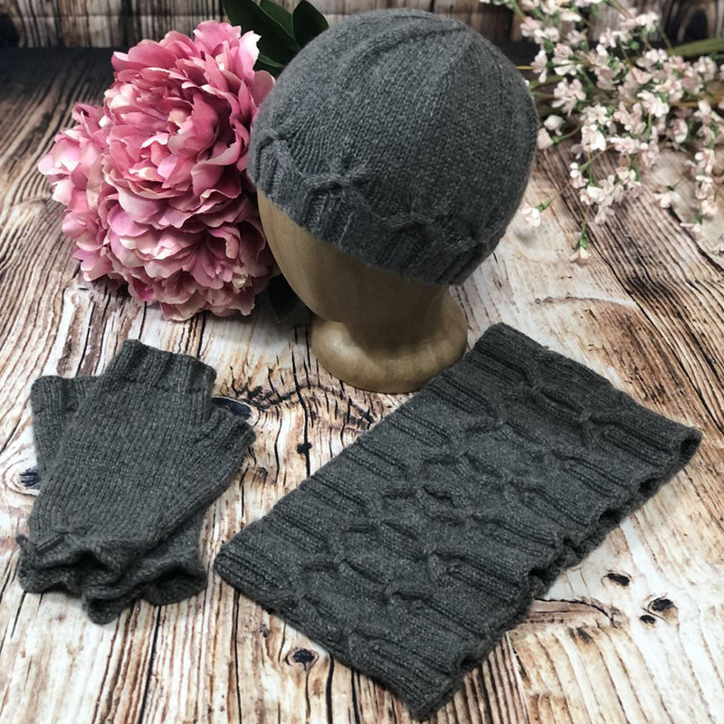 mittens, scarf, and hat in gray cashmere